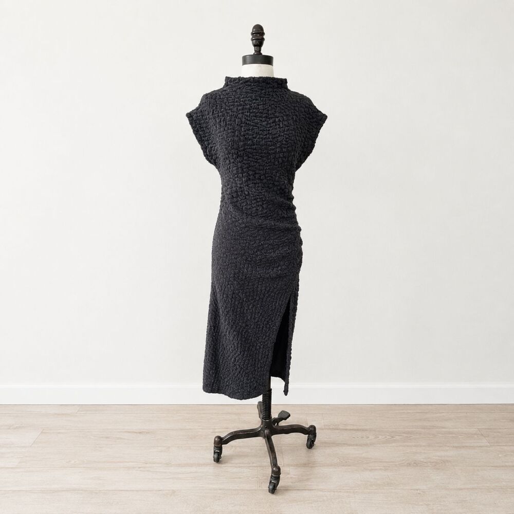 Anthropologie The Maya Ruched Cowl Neck Textured Black Midi Dress Medium